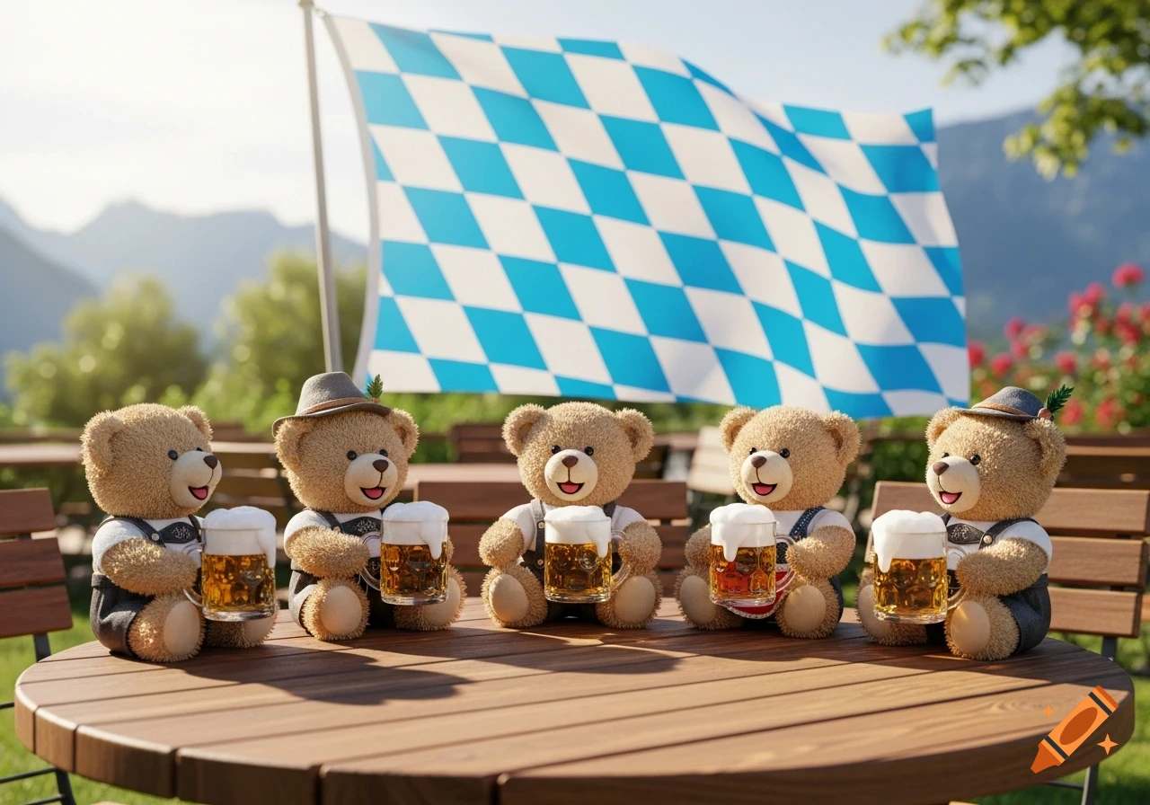 Five photorealistic teddy bears dressed in traditional Bavarian attire sit at a wooden table, each holding a beer mug, with a large Bavarian flag and mountains in the background.