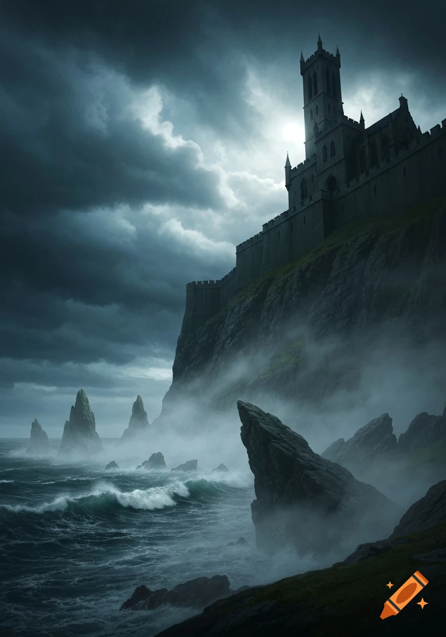 A dark castle stands atop a cliff overlooking a stormy, misty sea with jagged rock formations and a dramatic sky.