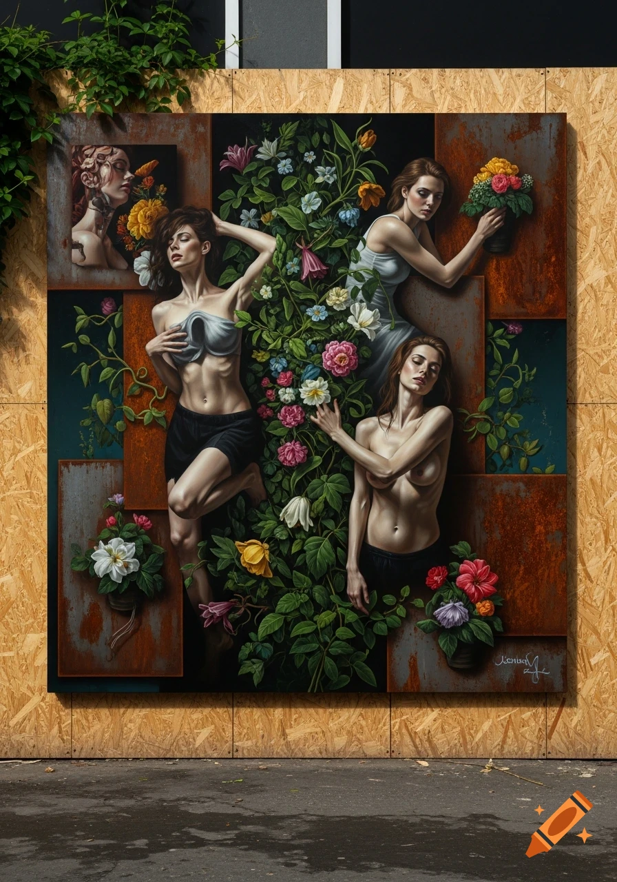 A dark surrealist painting on an OSB board, depicting multiple women intertwined with lush green foliage and colorful flowers, set against rusty metal panels. Some women are partially clothed or topless, in various poses.