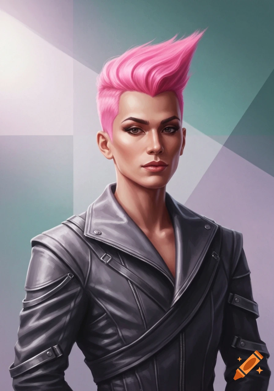 A stylized portrait of a person with spiky pink hair, wearing a dark gray leather jacket, against a geometric background.