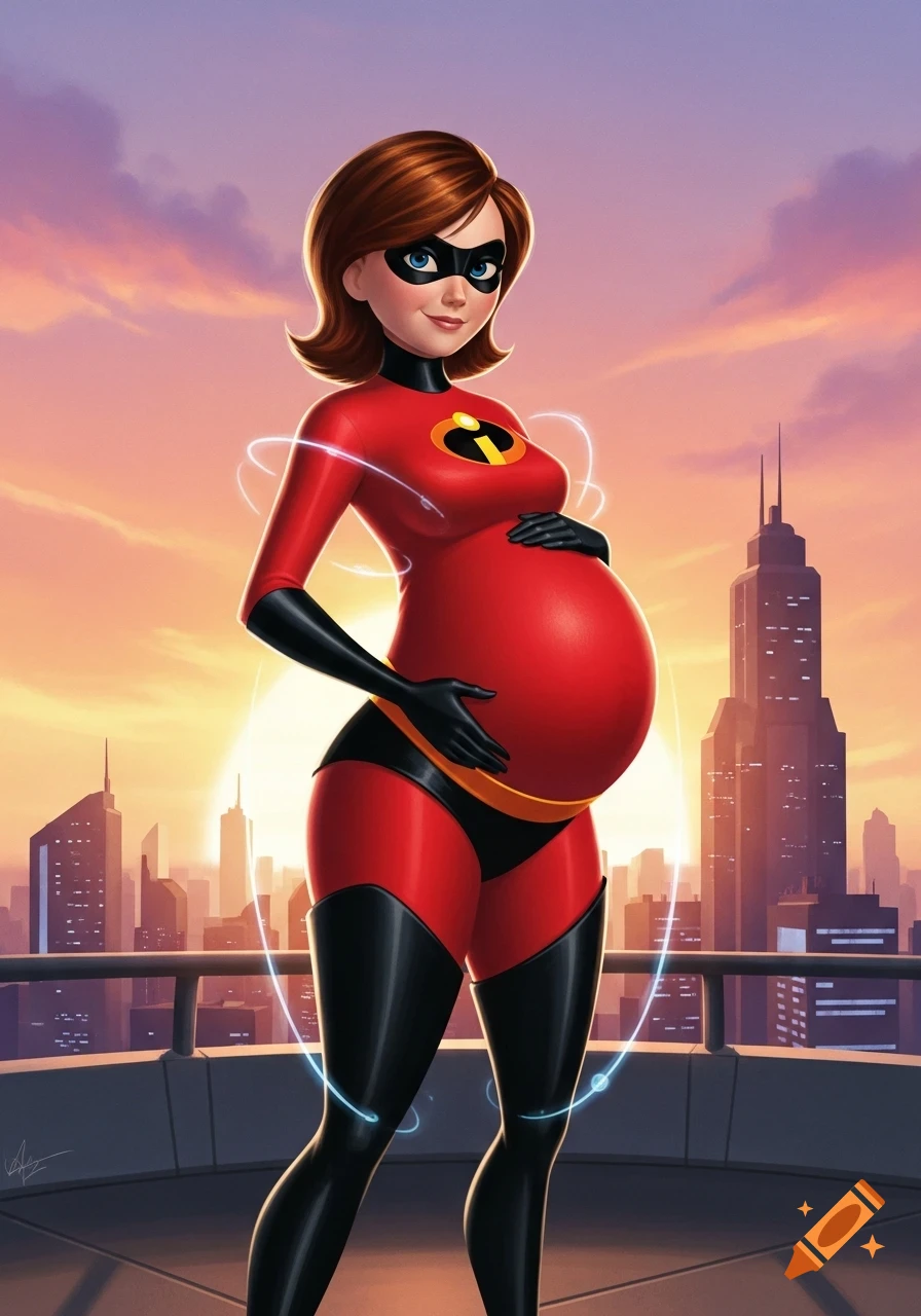 Heavily pregnant Elastigirl (Mrs. Incredible) poses on a rooftop against a city skyline at sunset in a cartoon style.