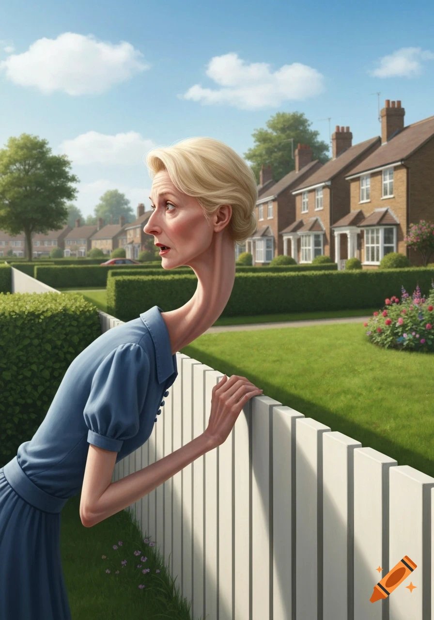 An illustration of a thin, blonde woman with a very long neck craning over a white picket fence, observing a suburban neighborhood with brick houses and green lawns under a blue sky.