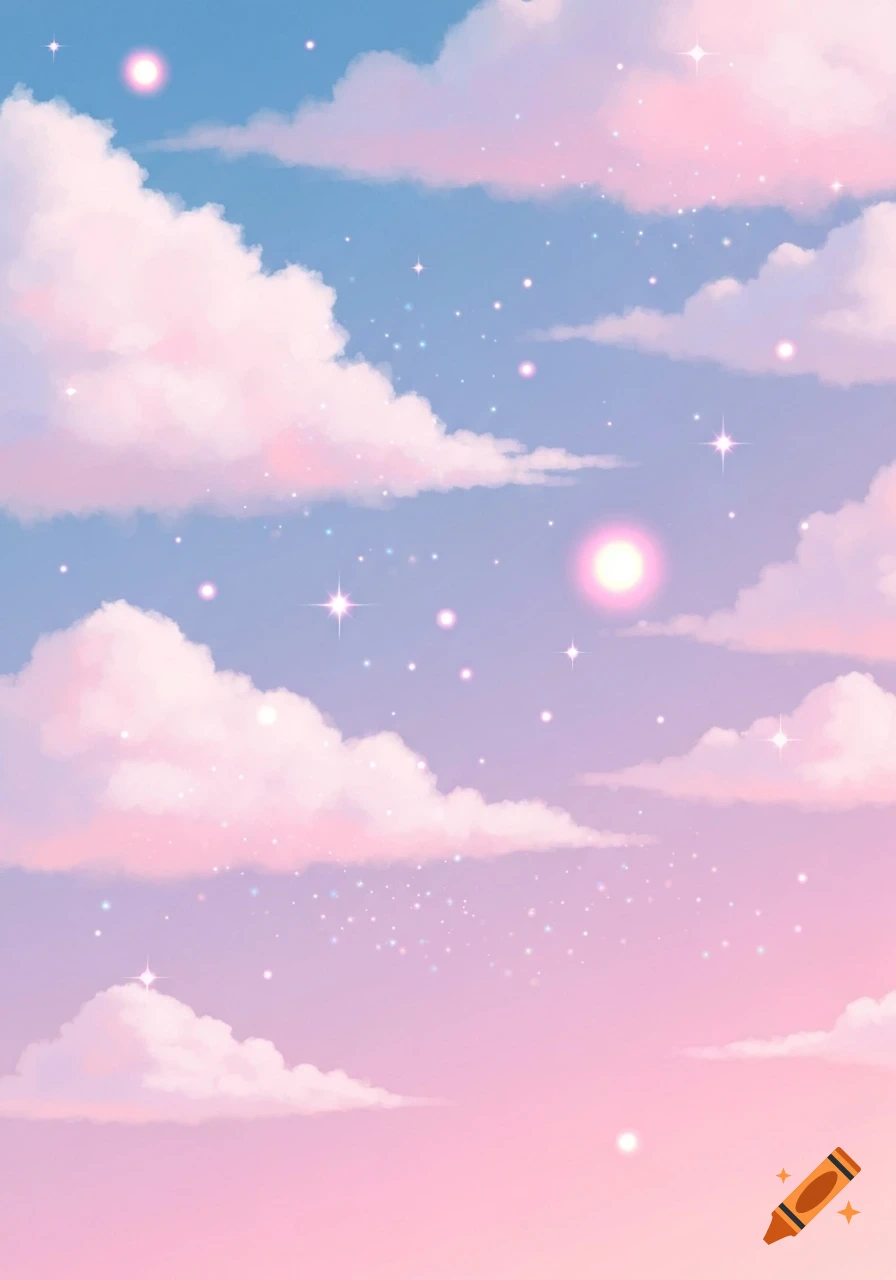 A whimsical sky with fluffy pink and white clouds, glowing stars, and luminous orbs against a gradient blue and purple background.