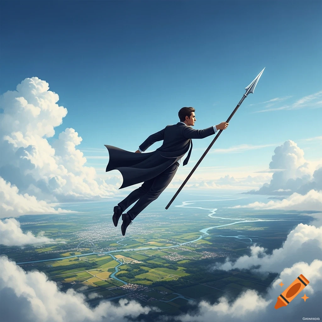 A man in a dark suit with a flowing coat flies through a bright blue sky, holding a spear, above a green landscape with rivers.