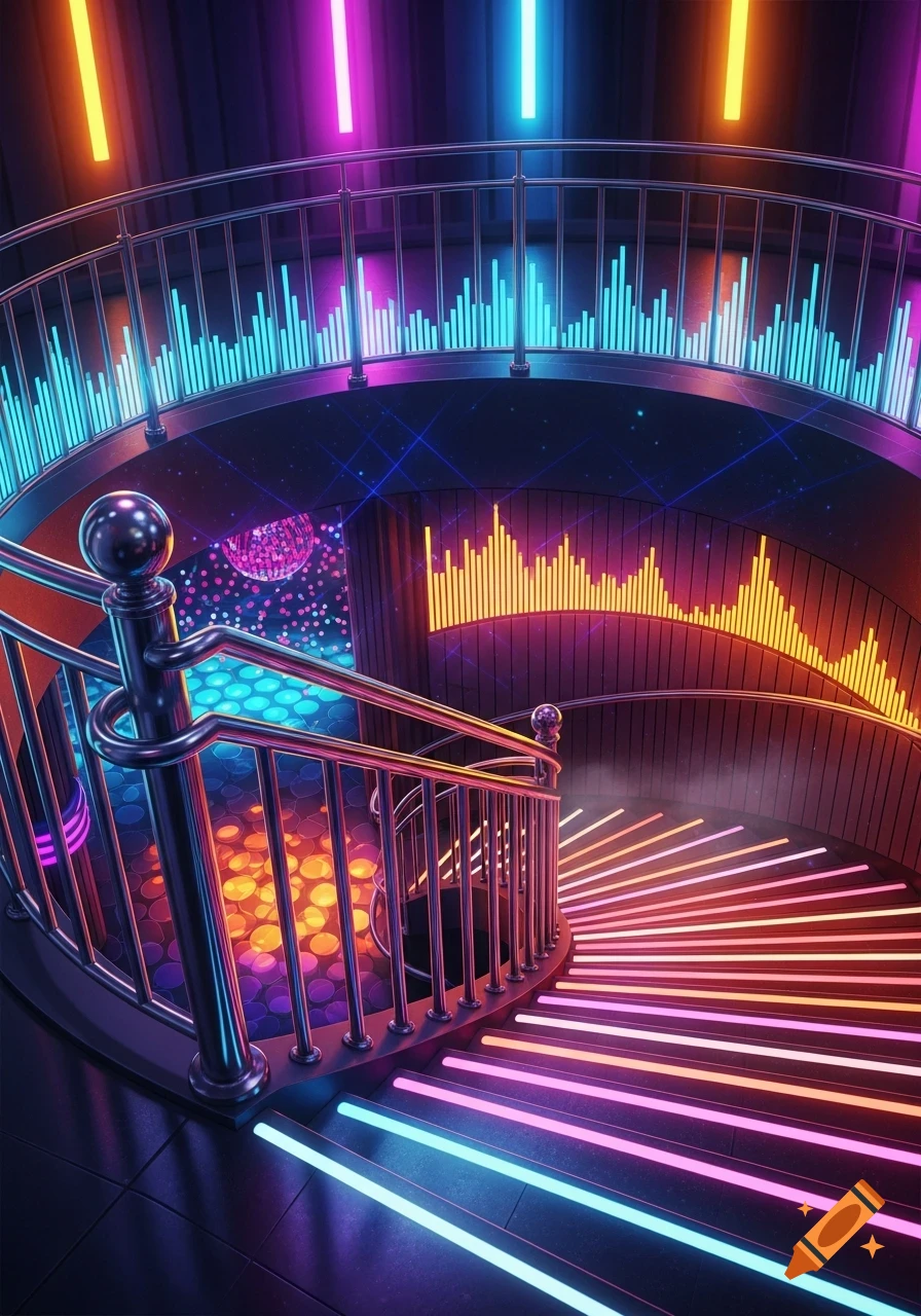 Vibrant neon-lit spiral staircase in a disco with equalizer graphics and a disco ball.