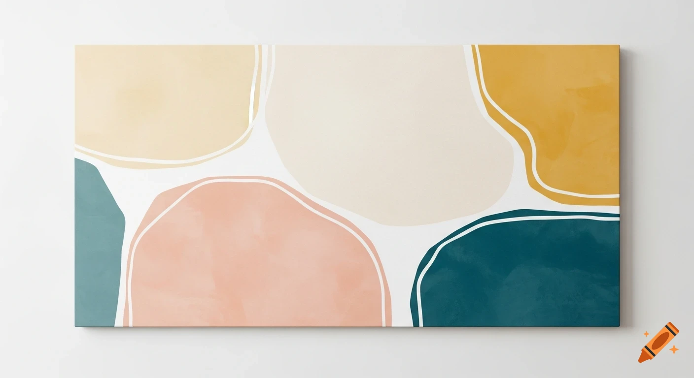 Modern abstract painting with organic shapes in cream, light yellow, pale pink, and teal outlined in white on a white background.
