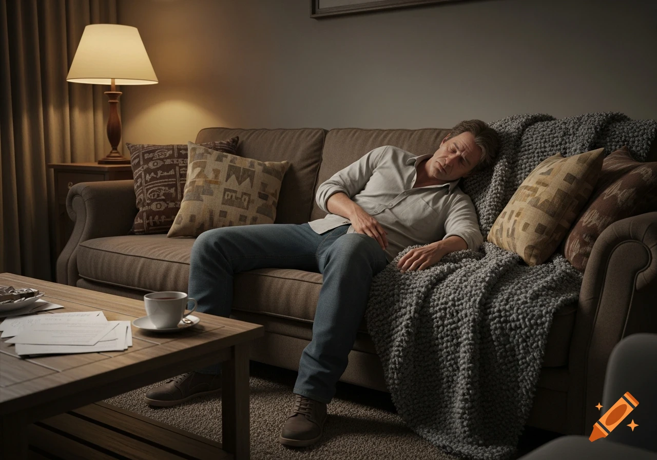 A man in a light shirt and jeans is sleeping on a brown couch in a dimly lit living room.