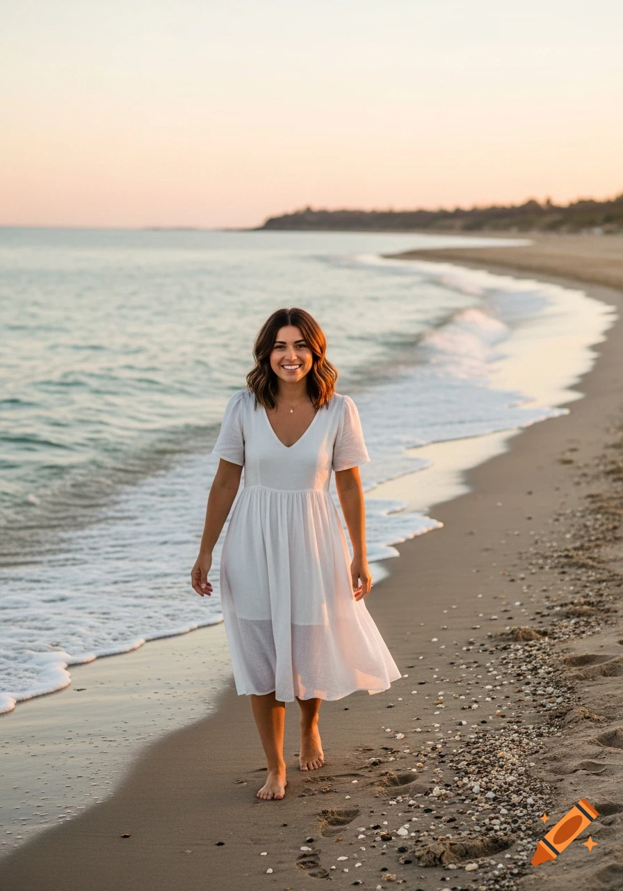 A smiling woman in a white dress walks barefoot on a sandy beach next to ocean waves at sunset.