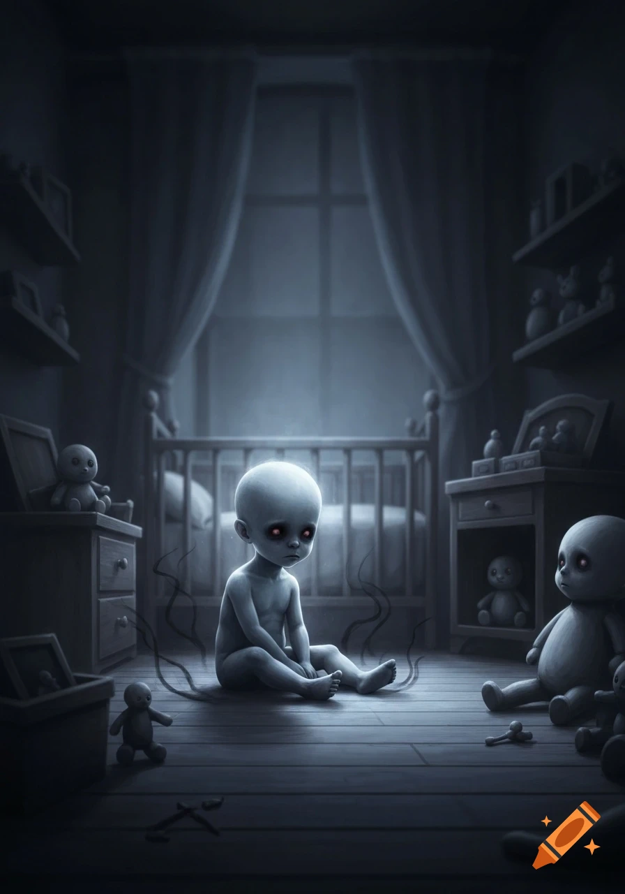 A creepy, pale, bald child-like figure with glowing red eyes sits on a dark nursery floor, surrounded by spooky dolls.