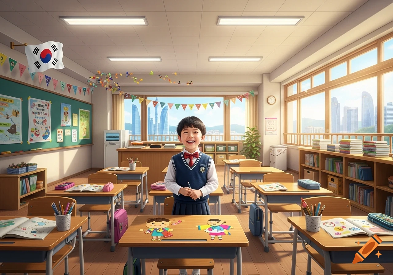 A smiling young South Korean elementary student in uniform stands in a bright classroom with posters, a flag, and city buildings visible through large windows.
