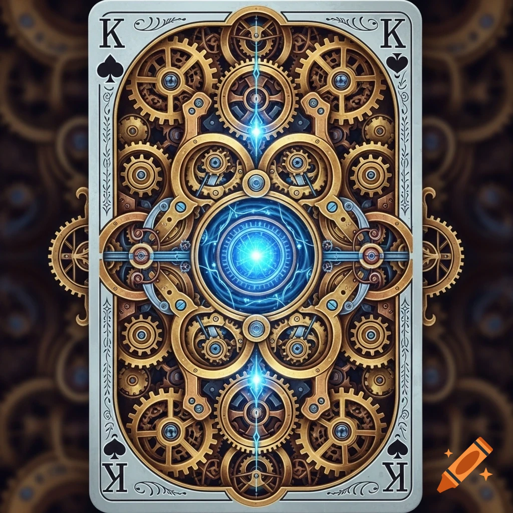 Highly detailed steampunk playing card back with symmetrical brass and copper clockwork gears and a glowing blue aether core.