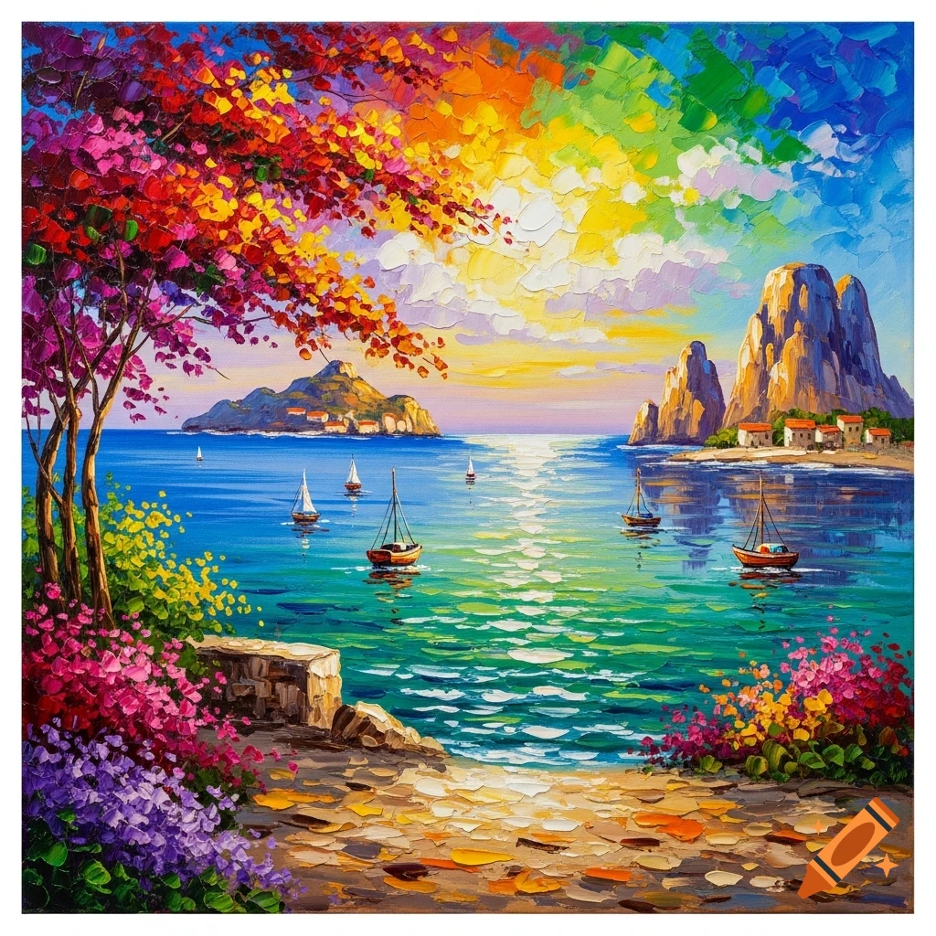 Vibrant palette knife painting of a colorful Mediterranean seascape with islands, small boats, and flowering trees under a rainbow sky.