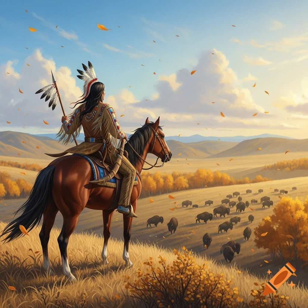 A Native American on horseback overlooks an autumn valley filled with a herd of buffalo, under a partly cloudy sky.