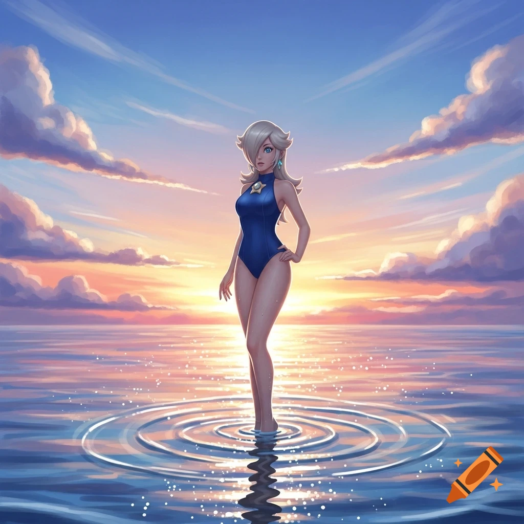 Anime-style digital art of Rosalina from Mario in a blue swimsuit, standing in ocean water with ripples at sunset.