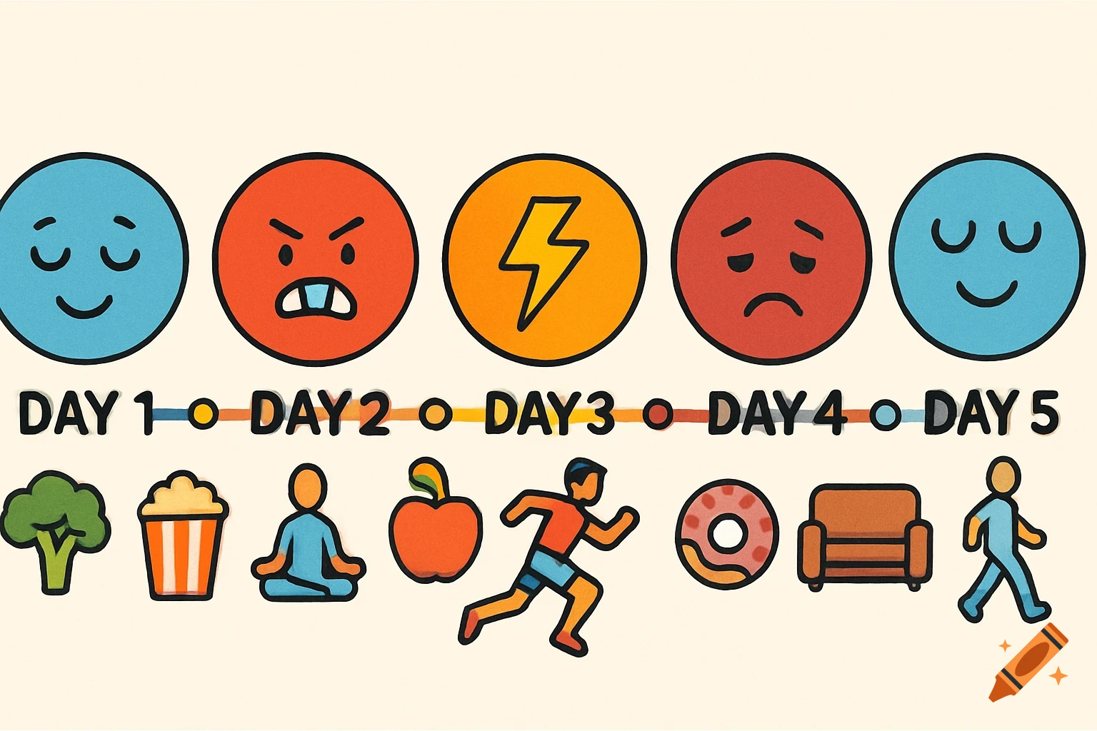 A colorful, animated 5-day timeline illustration showing emotions, food, and activities.