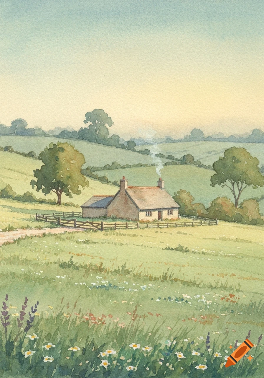 Watercolor painting of a rustic cottage in a rolling English countryside meadow with trees and wildflowers at dusk.