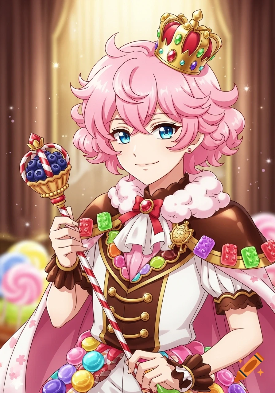 Anime character with pink hair, blue eyes, a golden crown, and a candy-themed outfit, holding a candy cane scepter with blueberries.