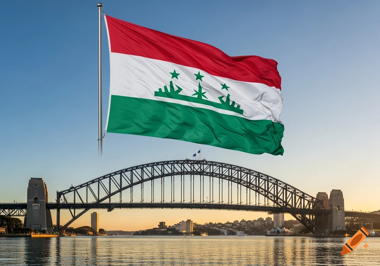 Assyrian Flag flying above Sydney Harbour Bridge at sunrise, with city skyline and water.