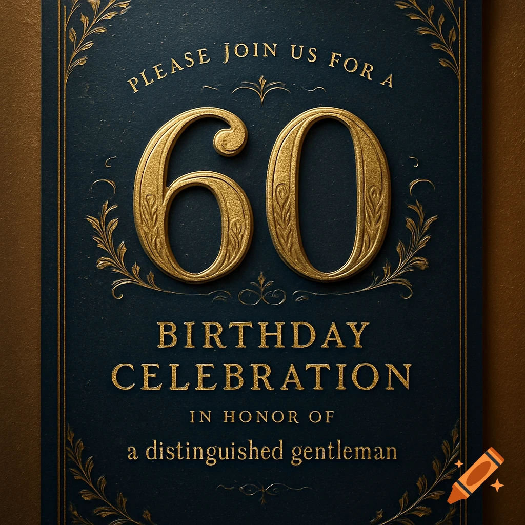 A gold and dark blue ornate invitation card for a 60th birthday celebration.
