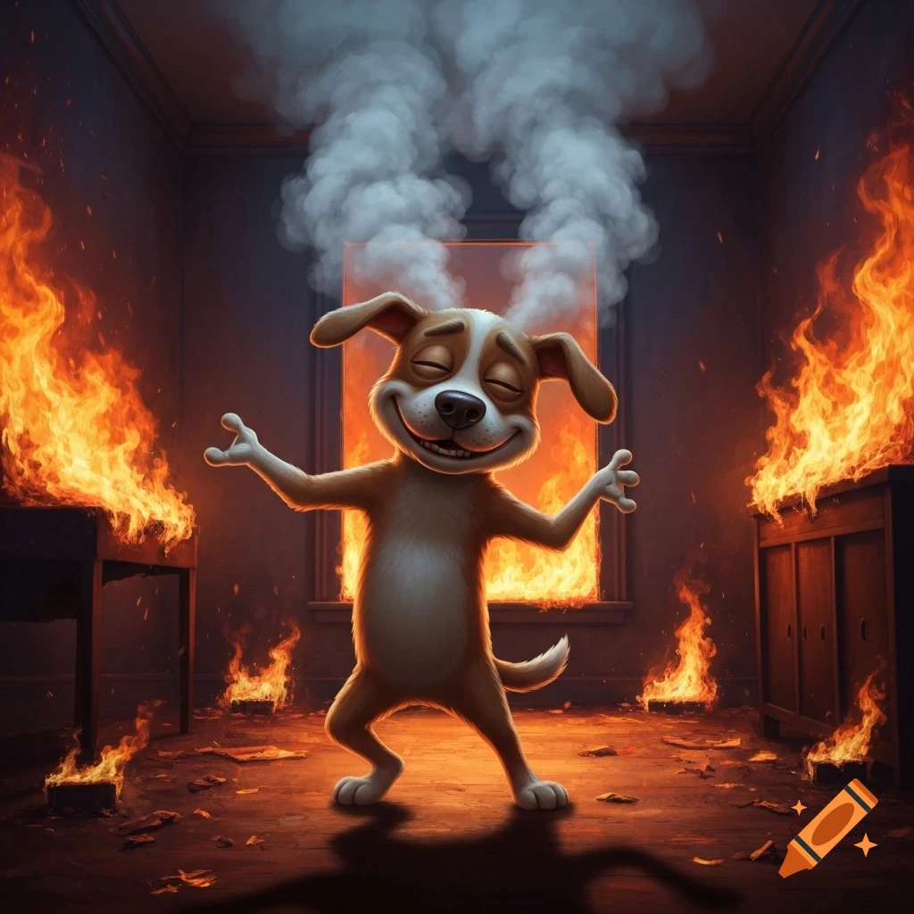 A happy cartoon dog with its eyes closed, arms outstretched, and dancing in a room engulfed in fire and smoke, referencing the "This is fine" meme.