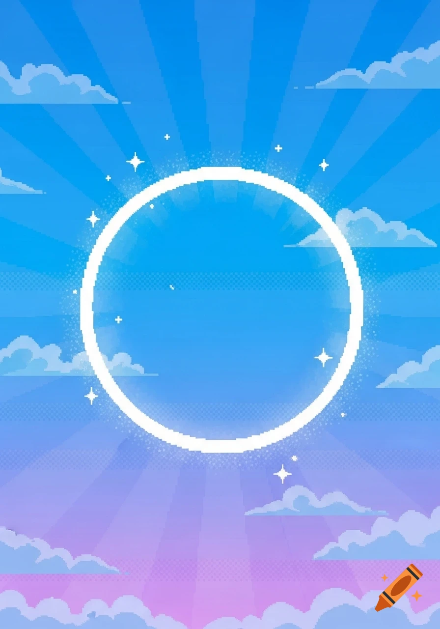 Pixel art sky with blue and purple hues, featuring a large glowing white circle surrounded by rays and clouds.