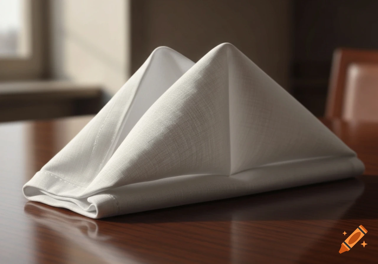 A neatly folded white linen napkin sits on a glossy dark wooden table in a well-lit room.