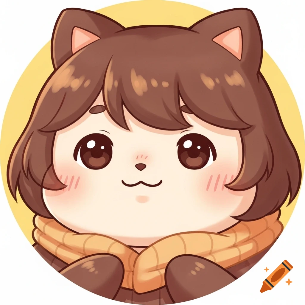 A cute, round-faced cartoon character with brown hair, animal ears, rosy cheeks, and big eyes, wearing a brown jacket and an orange scarf against a yellow circular background in a soft digital illustration style.