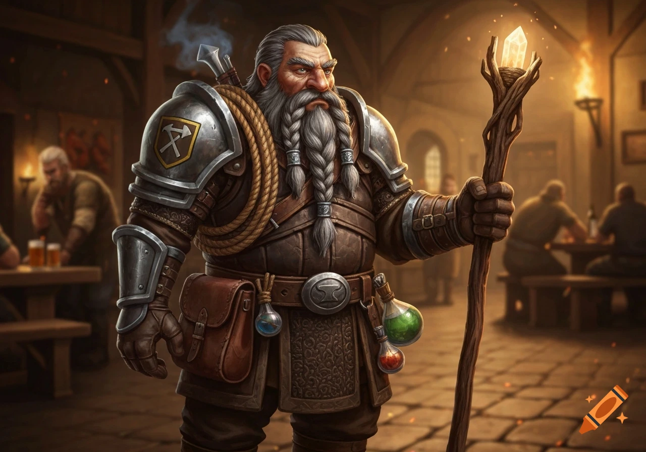 A formidable dwarven magus in ornate armor and braids, holding a glowing crystal staff in a dimly lit tavern.