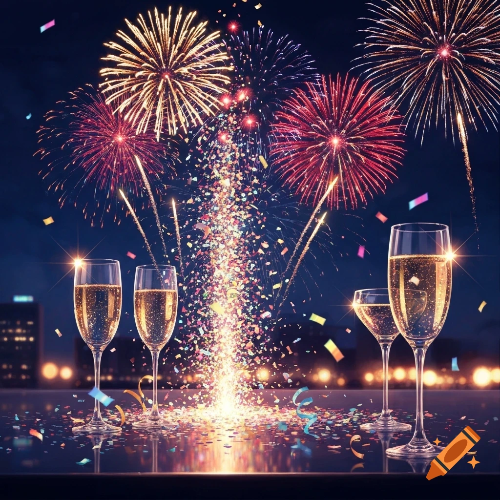 Champagne flutes with sparkling wine and confetti on a reflective surface under vibrant fireworks at night.