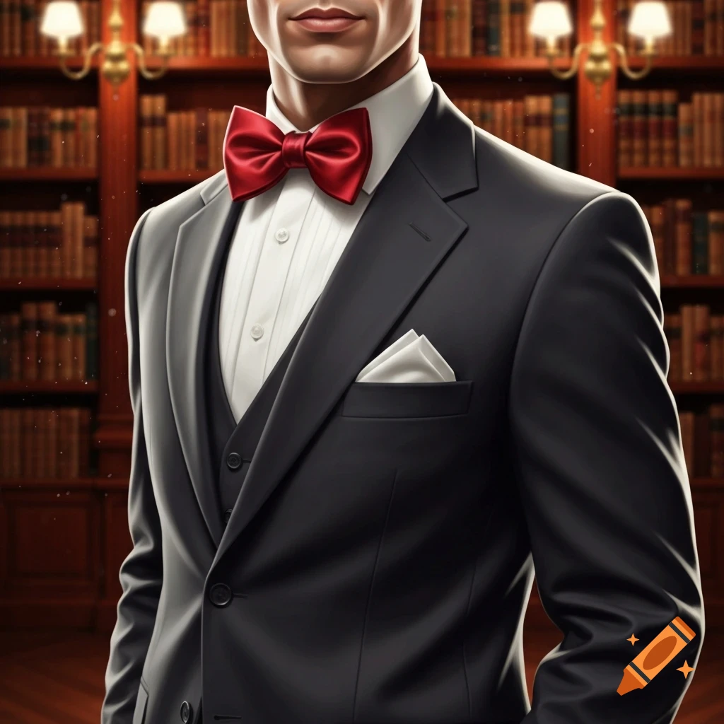 Close-up of a man in a black tuxedo with a red bow tie and white pocket square, standing in a library.