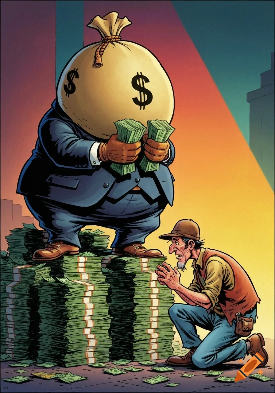 A cartoon of a fat man with a money bag for a head, standing on piles of cash, looking down at a poor man begging.