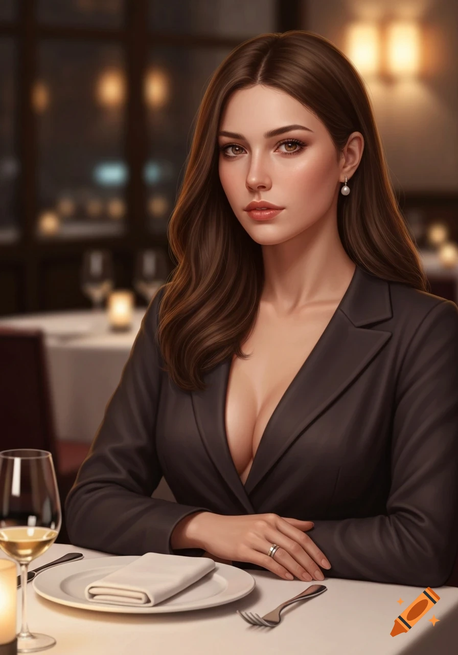 Photorealistic portrait of a young woman with long brown hair, wearing a dark suit jacket, sitting at a dinner table in a dimly lit restaurant.