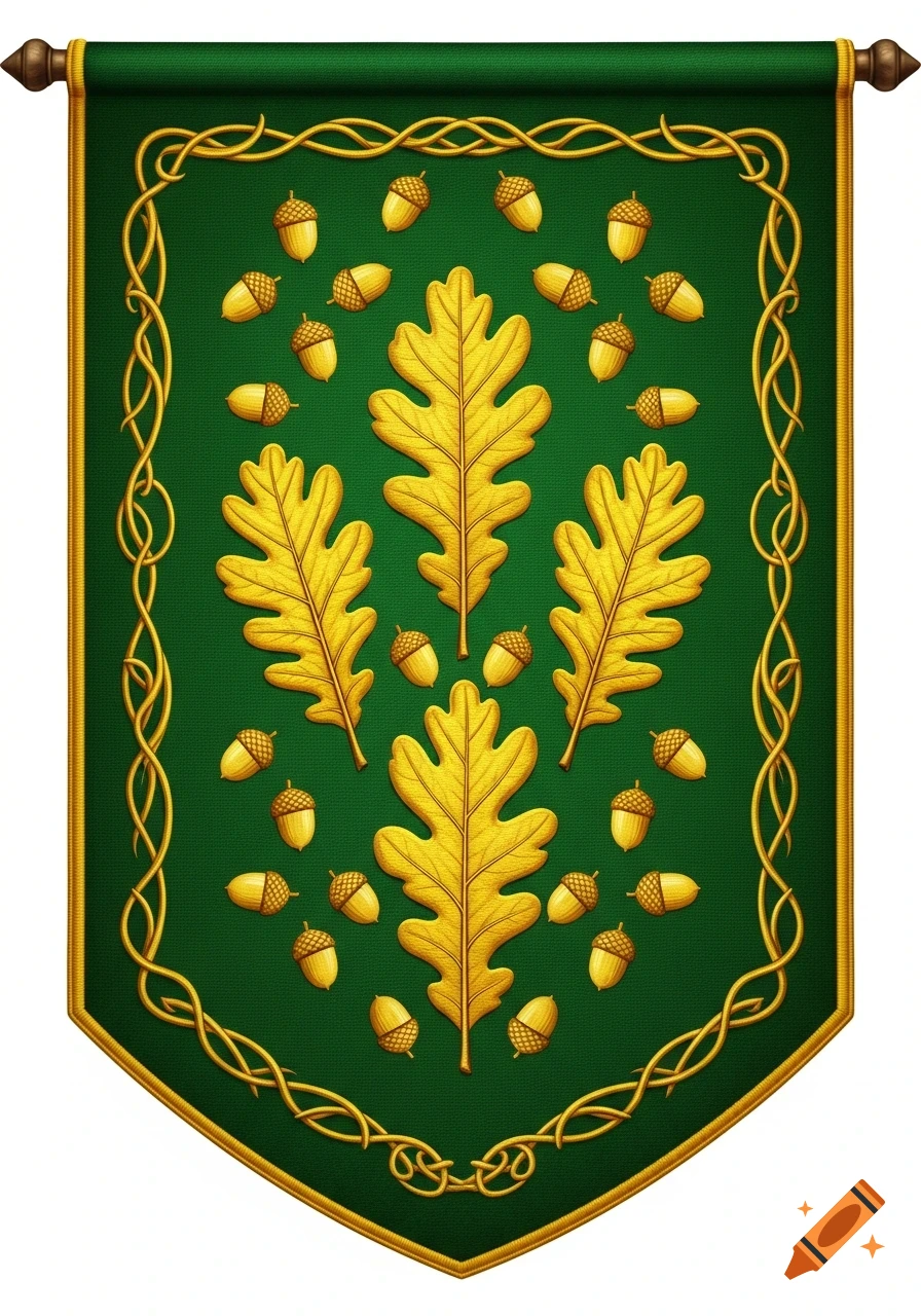 A rich green medieval heraldic banner with gold oak leaves and scattered acorns, bordered by an intricate gold Celtic knot design.