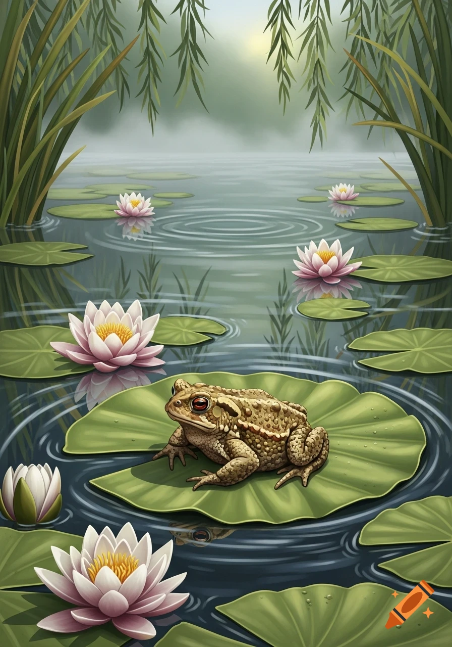 A textured brown toad sits on a large green lily pad amidst pink and white water lilies in a serene pond, surrounded by tall grass and weeping willows.