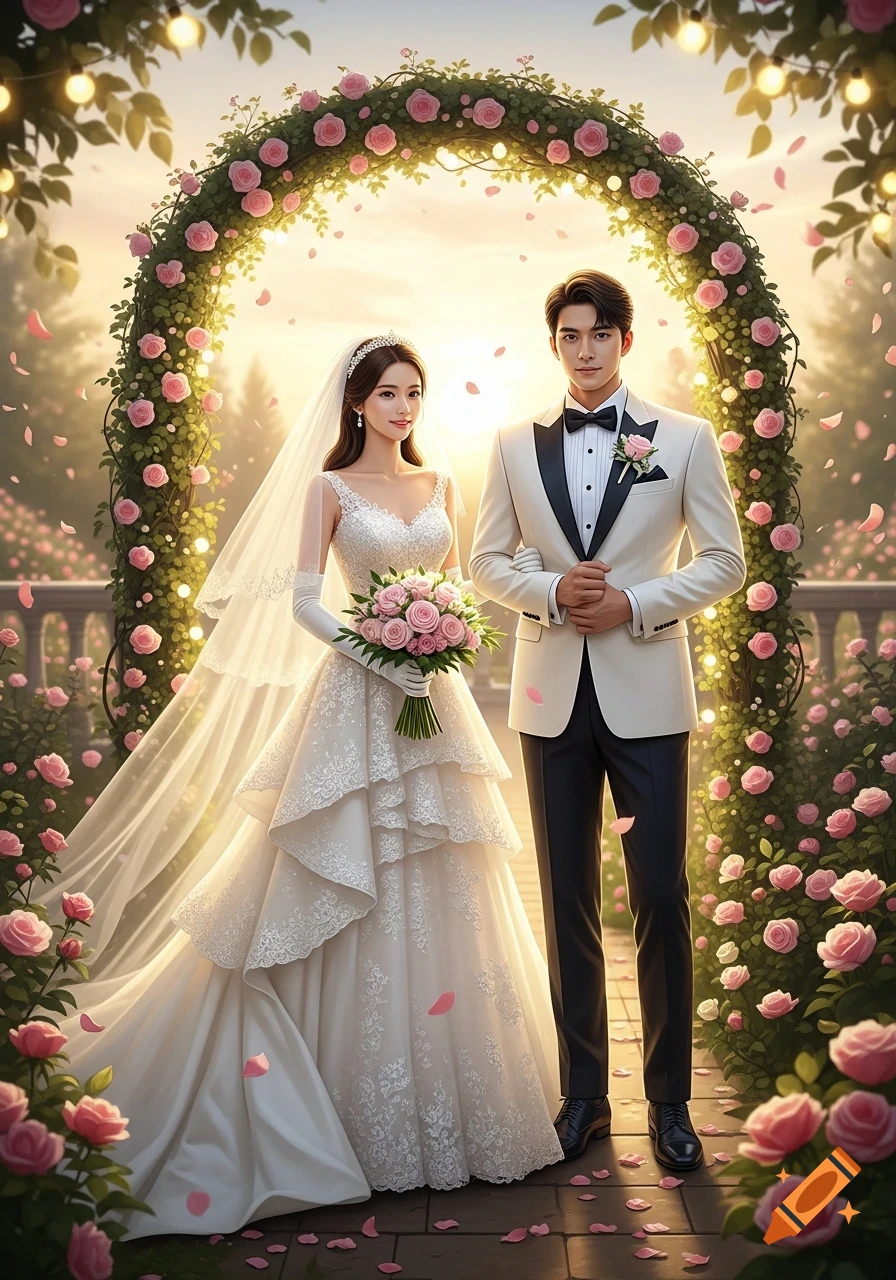 A bride in a white tiered gown and veil holds a pink rose bouquet, beside a groom in a white tuxedo, under a rose arch at sunset.