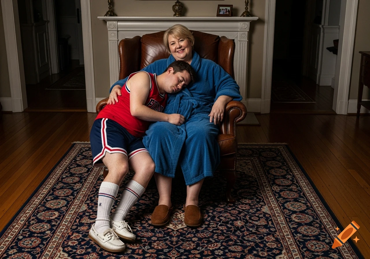 An older woman in a blue bathrobe sits in a brown leather armchair, smiling at the camera, holding a sleeping man in a red tank top and blue shorts on her lap in a living room.