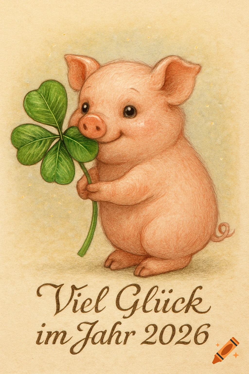 A cute, smiling pink pig holds a green four-leaf clover in a colored pencil illustration, with text 'Viel Glück im Jahr 2026'.