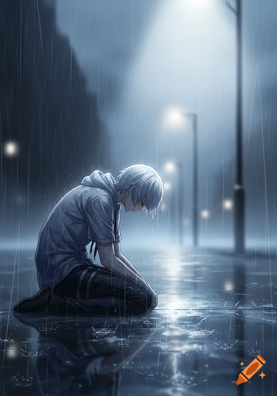 Anime art of a sad white-haired character kneeling in the rain on a street at night, head bowed, with streetlights reflecting on the wet ground.