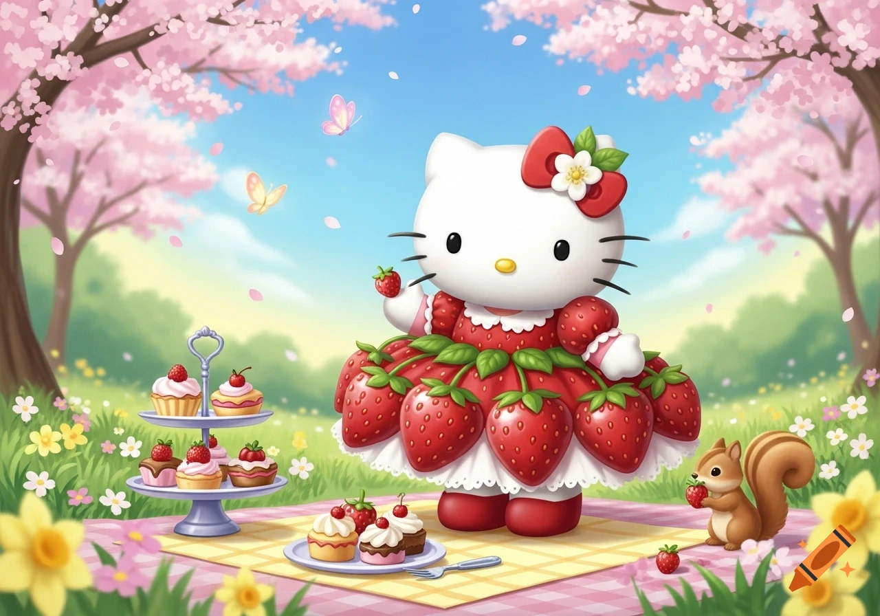 Hello Kitty in a puffy strawberry dress has a picnic with a squirrel in a pastel cherry blossom park on a sunny spring day.
