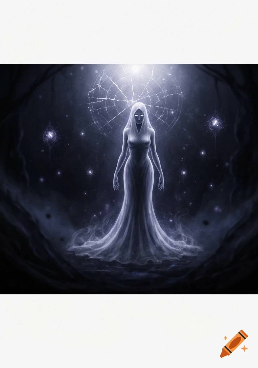 Ethereal female ghost in a flowing dress stands in a dark, mystical setting with glowing stars and a cracked light.