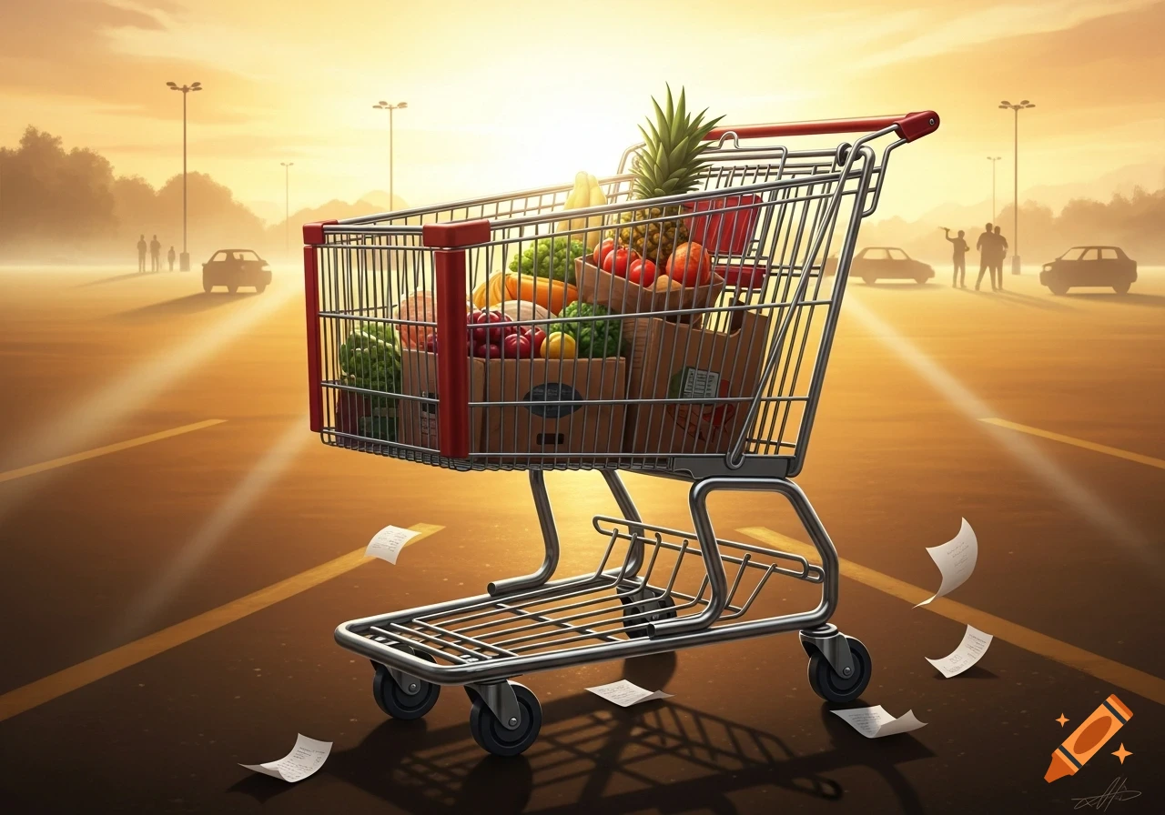 A digitally rendered shopping cart full of groceries sits in a sunlit parking lot with papers scattered around.