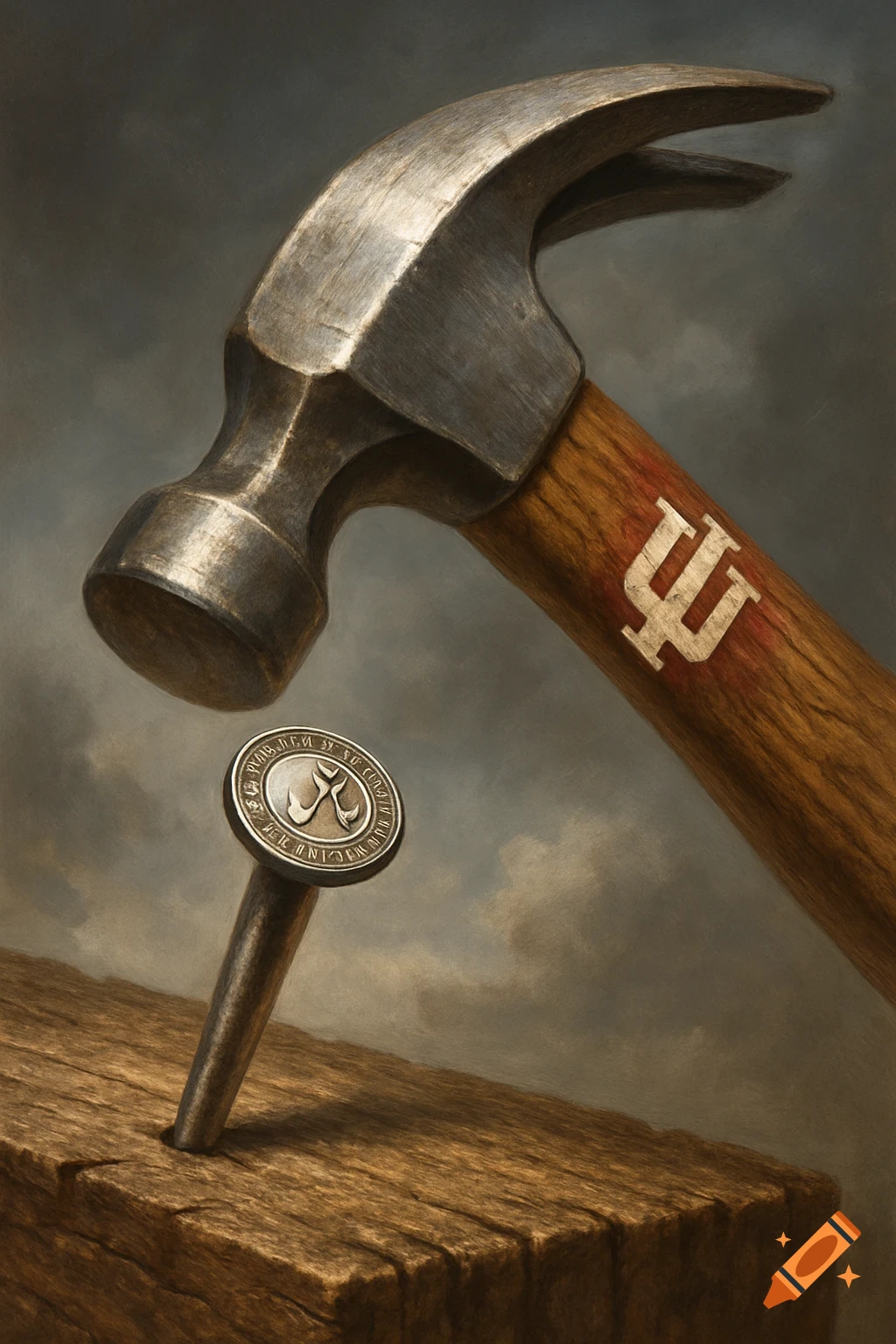 A close-up, painterly style image of a metal hammer with an Indiana University logo on its wooden handle, poised to strike a metal nail embedded in a block of wood. The nail head features a circular, illegible emblem.