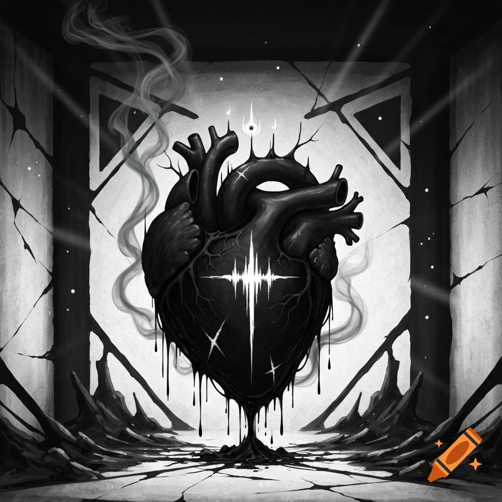 A dark, stylized anatomical heart with a glowing symbol, dripping liquid, set in a gothic, cracked environment with smoke.