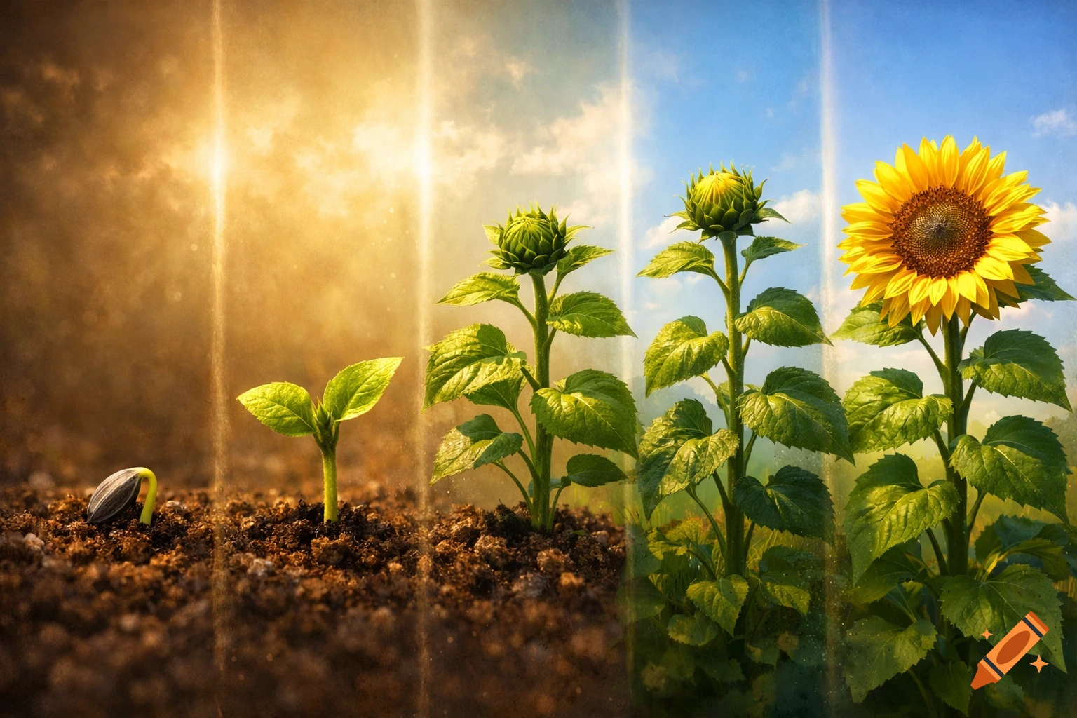 Photorealistic image showing four distinct stages of a sunflower's growth, from a sprouting seed to a fully bloomed flower, under a dynamic sky.
