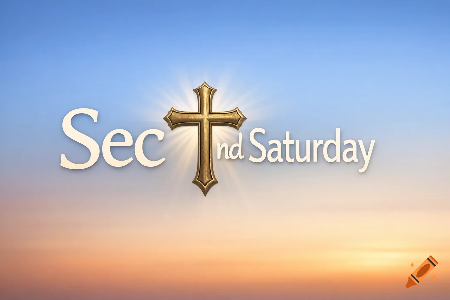 White text 'Sec' and 'nd Saturday' flank a shining golden cross, set against a gradient sky of blue and orange.