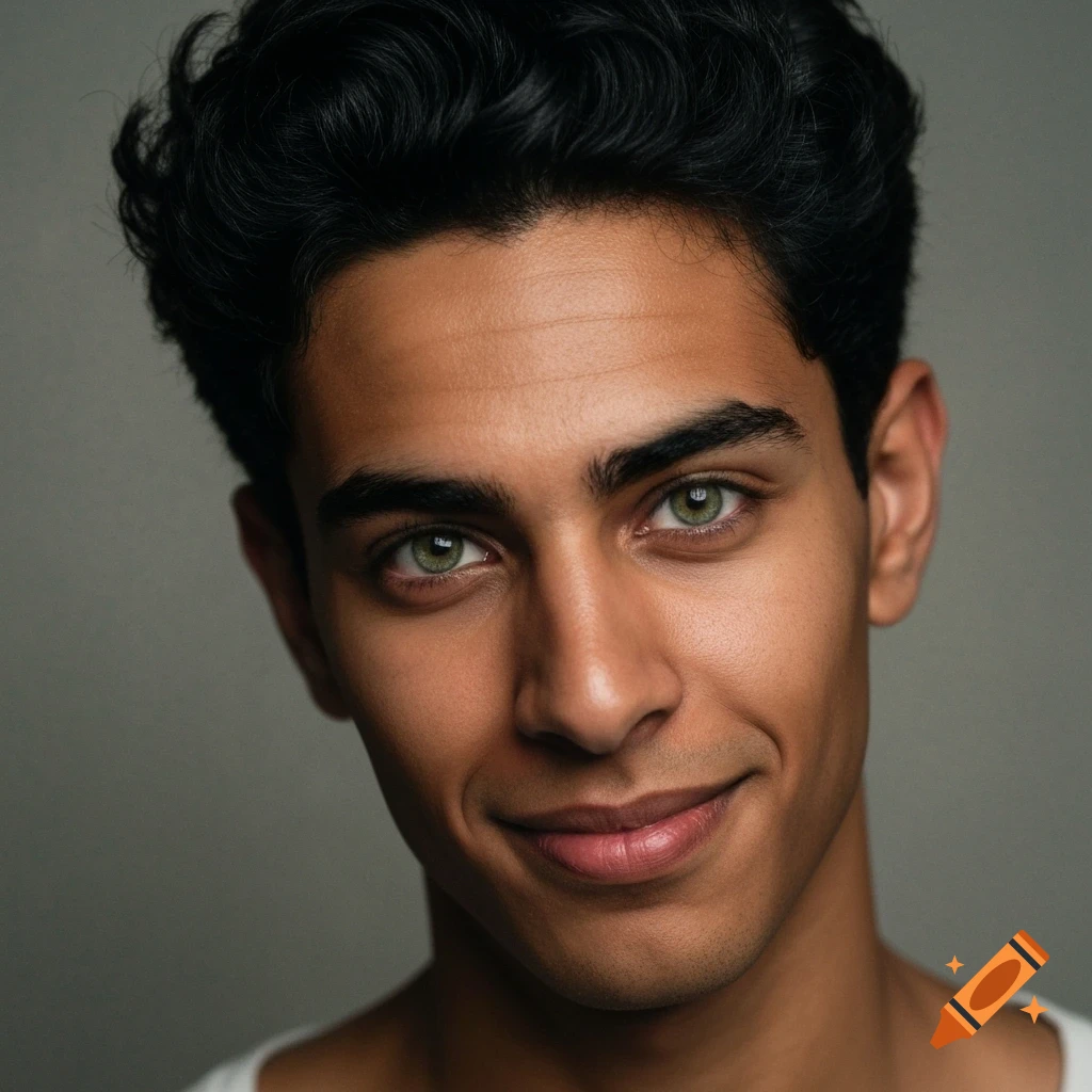 Close-up of a smiling young man with dark skin, green eyes, and black messy hair, looking directly at the camera in a photorealistic style.