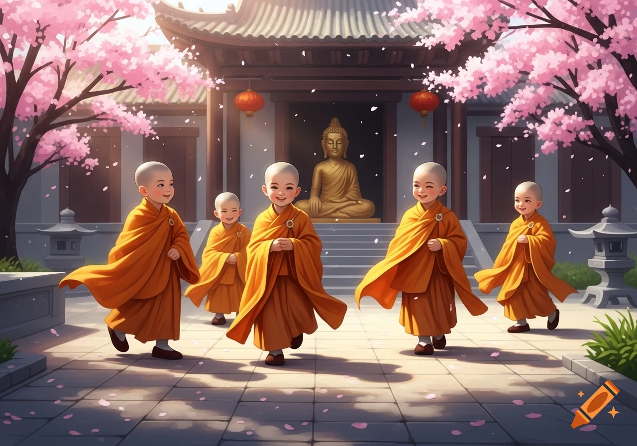 Five smiling child monks in orange robes walk through a temple courtyard filled with falling pink cherry blossoms. A golden Buddha statue is in the background.