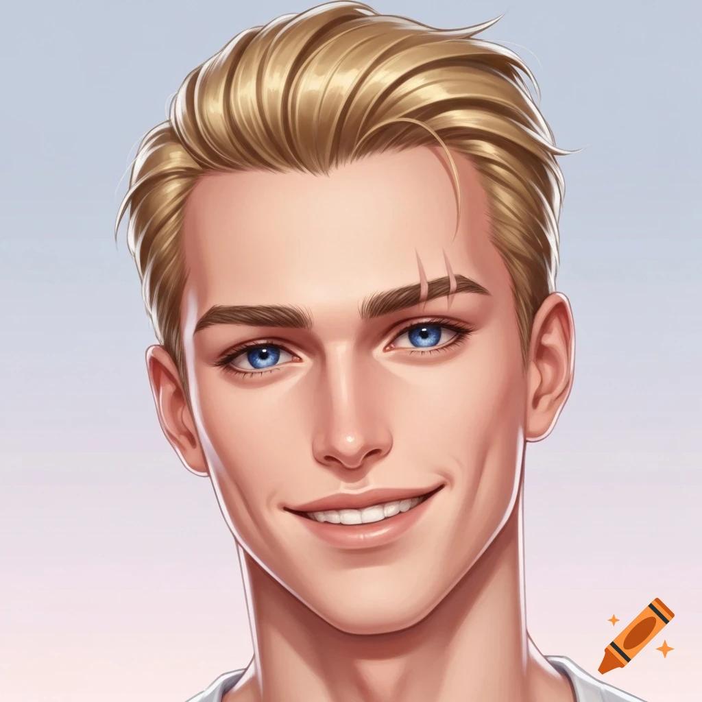 An anime portrait of a handsome young man with blonde hair, blue eyes, pale skin, a smiling expression, and a scar on his left eyebrow.
