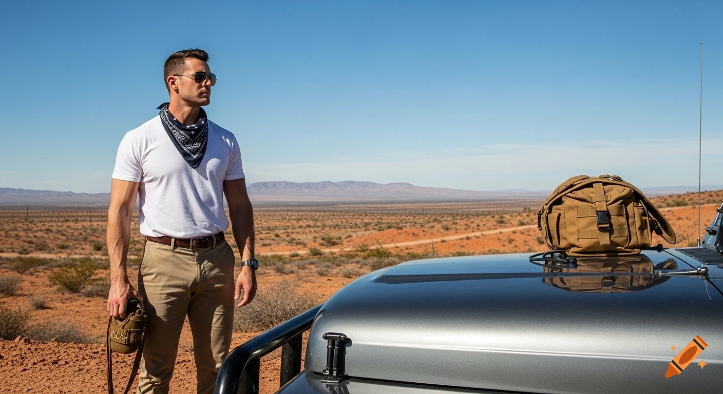 A muscular man in a white t-shirt and bandana stands by a jeep with a utility bag in a vast desert landscape under a clear sky.