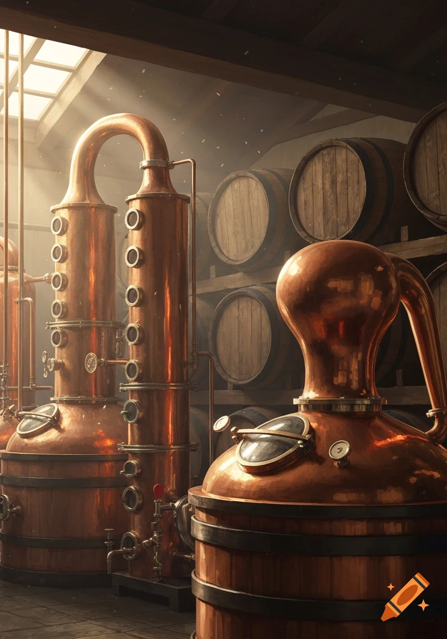 Photorealistic image of shiny copper stills and wooden barrels inside a sunlit distillery.